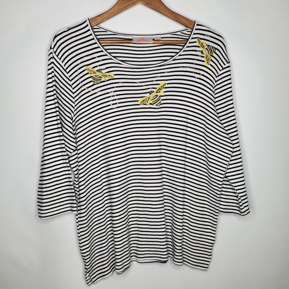 Quacker Factory Womens Sequin Bee Embroidered Black Striped Blouse Size M Summer - Picture 1 of 9